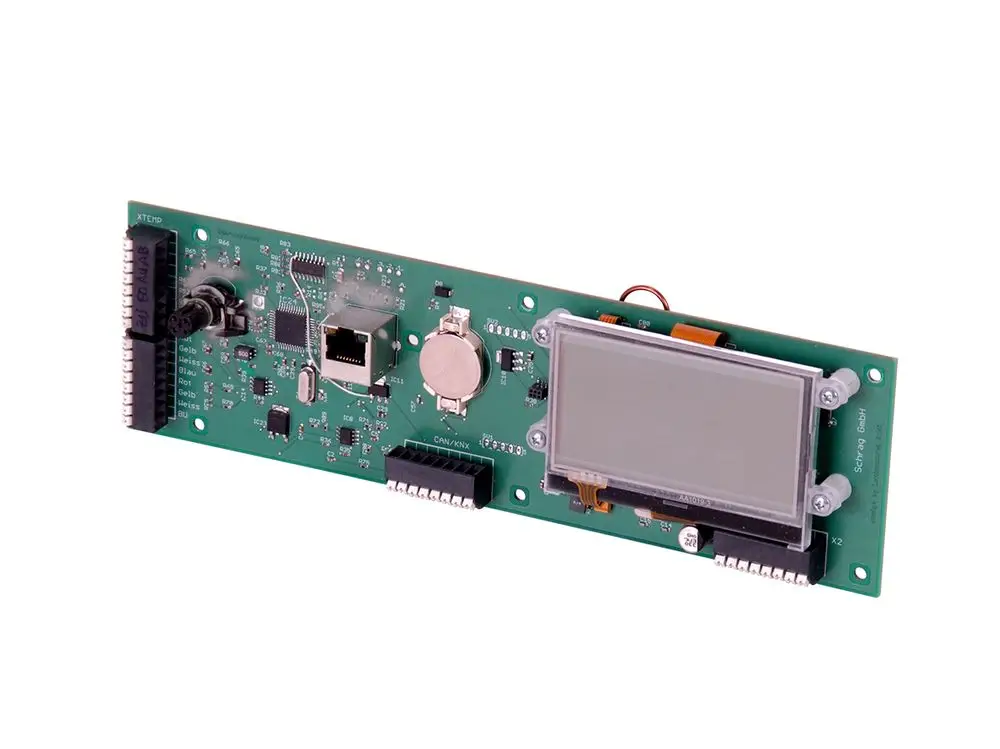 Steuerplatine von Fränkische mit verschiedenen Anschlüssen und einem integrierten Display. Modular aufgebaut und für spezifische Anwendungen geeignet.